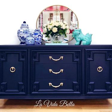 Chinoiserie Style Console, Buffet, Chest, Sideboard, Navy &amp; Pink Hand Painted 