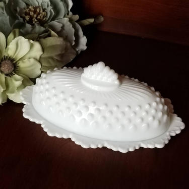 Vintage Milk Glass Hobnail Butter Dish / White Milkglass Covered Butter Plate / Oval Scalloped Edge Glass Butter Dish with Lid by SoughtClothier