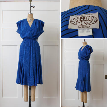 vintage electric blue early 1980s dress • flared skirt 'On the Rocks' flutter sleeve dress 