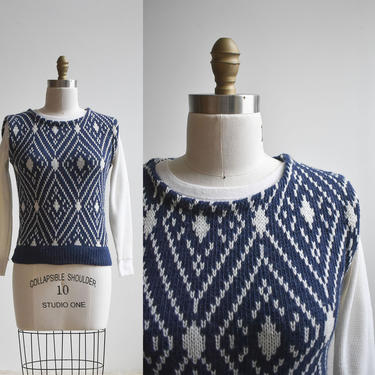 Vintage Blue &amp; White Knit Sweater Vest 