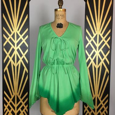 1970s mod blouse, green polyester, vintage 70s top, size medium, ombre, angel sleeves, hankie hem, asymmetrical, tie waist, retro, elfin, 36 