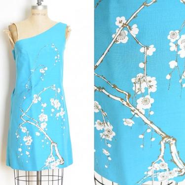 vintage 70s dress blue SHAHEEN print cherry blossom one shoulder mini dress S clothing 
