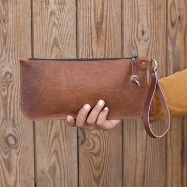 Leather Zipper Clutch, Pebbled Brown
