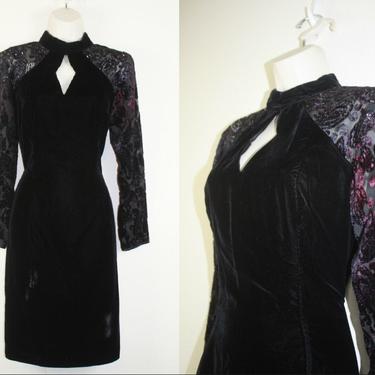 Vintage 1990s Black Velvet Wiggle Dress, Size Medium 