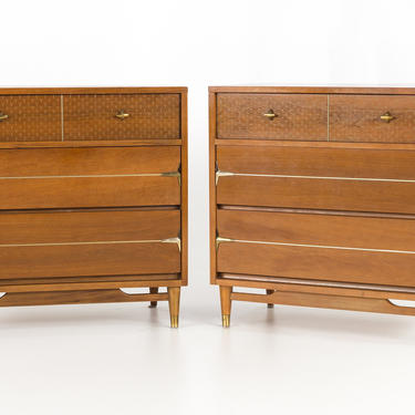 Kroehler Impression Mid Century Walnut and Brass Large Night Stands Chest of Drawers - Matching Pair - mcm 