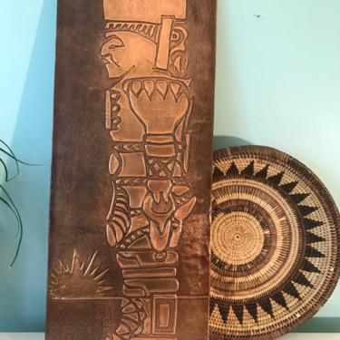 1974, “Mayan Totem” Copper Relief Art plaque, vintage Wall Art Copper Retro South Western Made in New Zealand 