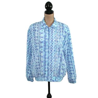 Blue Pastel Geometric Print Windbreaker 80s Bomber Jacket Women XL Lightweight Casual Spring Summer 1980s Clothes Plus Size Clothing Vintage 