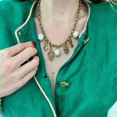 90s Large Faux Pearl Gold Chain Charm Necklace