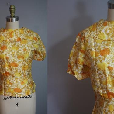 1960's Silk Fitted Blouse // Yellow Floral // Medium 