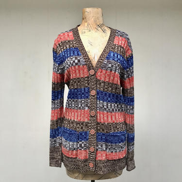 Vintage 1970s Striped Ribbed V Neck Cardigan, 70s Woolco Heathered Acrylic Knit Boyfriend Sweater with Pockets, Medium 