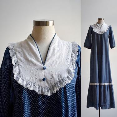 1970s Blue Swiss Dot Prairie Dress 