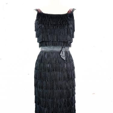 1950s Black Fringe Wiggle Dress | 50s Black Fringe Sheath Dress | Jean of California | Small 