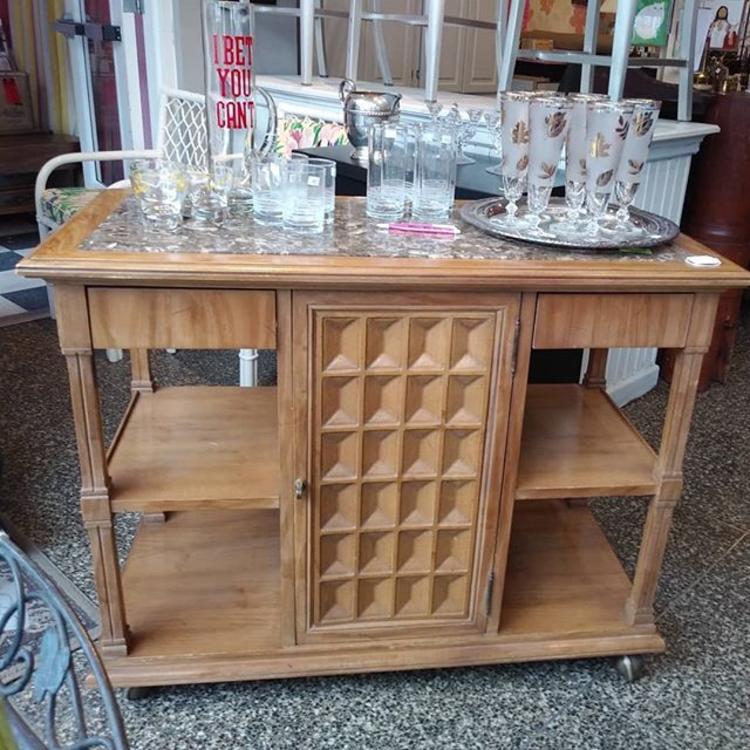 Mid century rolling bar cart with stone top 20x41x32 