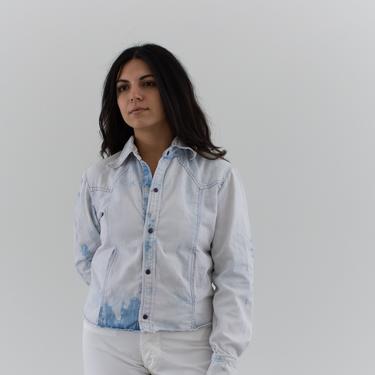 Vintage White Blue Tie Dye Snap Button Jean Jacket | Cotton Denim Blouse | S | 