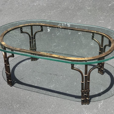Vintage metal faux bamboo coffee table with heavy glass top 