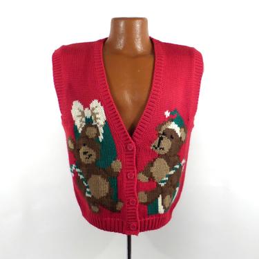 Ugly Christmas Sweater Vintage 1980s Vest Teddy Bears Tacky Holiday Women's size P L 