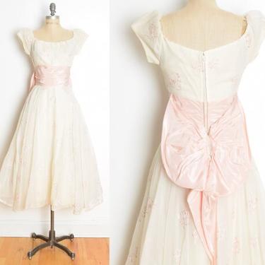 vintage 50s prom party dress cream pink flounced bow embroidered full midi S clothing 