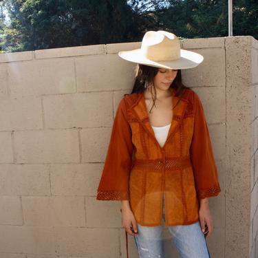 Laurel Canyon Suede Crochet Cardigan // vintage 70s knit boho hippie dress blouse hippy sweater 1970s orange // S/M 