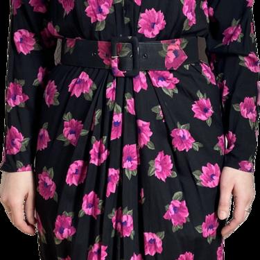 80s Bold Floral Surplice Belted Power Dress By Leslie Fay