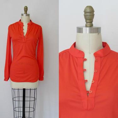 COLOR BOOST San Francisco Shirt Works Vintage 70s Shirt | 1970s Orange Nylon Jersey Knit Blouse | Pullover Mandarin Collar Tunic Top, Medium 