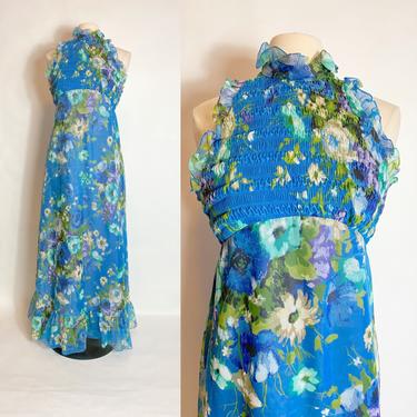 Vintage 1970s Blue Floral Halter Maxi Gown 