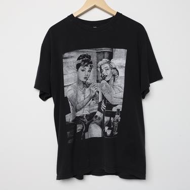 vintage MARILYN MONROE & Audrey Hepburn TATTOOED black and silver jack daniel's 1990s y2k t-shirt - size large men's 