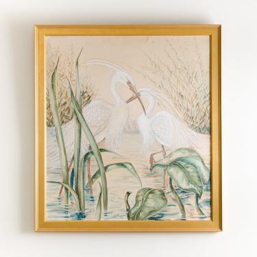 Vintage Original Signed Artist William Edwin Fager Watercolor Framed Art White Flamingo Birds Marsh Pond Landscape Art Wall Hanging 
