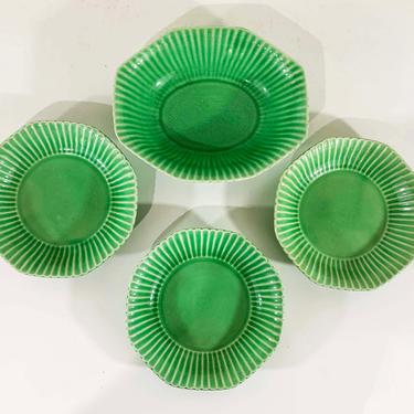 Vintage Marion Edwin Knowles Octagonal Green White Shallow Bowls Serving Bowl Ceramic Set of 3 Plates Dishes 1930s 30s 