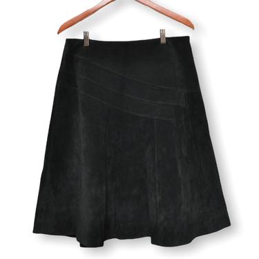 Vintage Black Suede A Line Skirt MIDI Knee Length Leather Size Large 