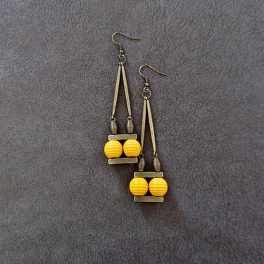 Geometric wooden earrings, bronze dangle earrings, Afrocentric jewelry, African earrings, yellow earrings, mid century modern earrings 