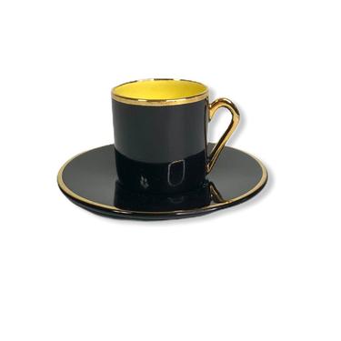 Vintage Salins French Black Yellow Gold Gilded Demitasse Teacup and Saucer Set 