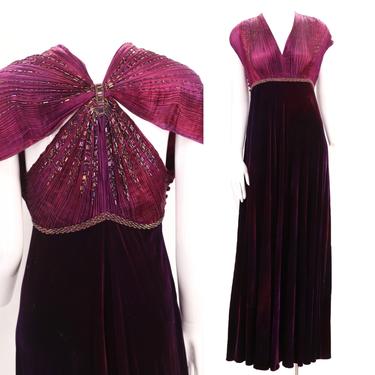 90s PATRICIA LESTER grecian velvet dress 8  / vintage 1990s Fortuny inspired bias cut silk beaded evening gown Bergdorf Goodman Couture 