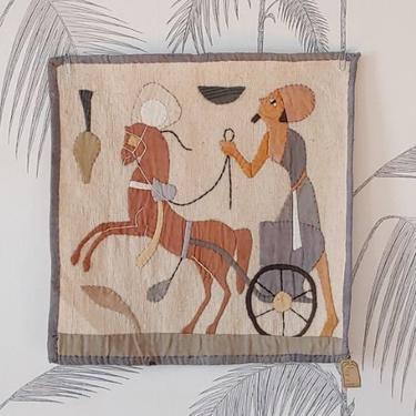Vintage Applique, Egyptian Revival, Horse and Chariot, Galleries Lafayette, ORIGINAL Price Tag, Paris, France, Art Deco Period, Handmade 