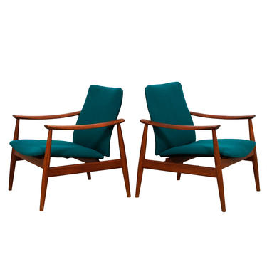 Pair of Finn Juhl Danish Modern Teak + Teal Easy Chairs