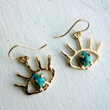 Gold Turquoise Beholder Eye Dangle Earrings 