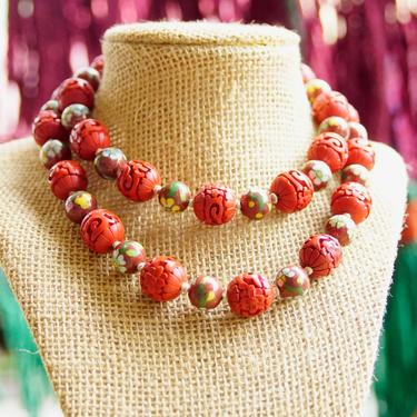 Vintage Chinese Carved Cinnabar &amp; Cloisonne Bead Necklace, Floral Design, Red Enamel Cloisonne Beads, Silver Slide Clasp, 31&amp;quot; Long 