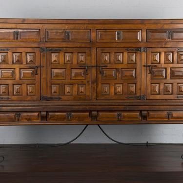 19th Century Spanish Baroque Carved Oak Cabinet Sideboard on Stand With Wrought Iron Stretcher 