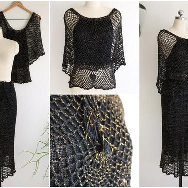 Vintage 1970s Black and Gold Crochet Skirt and Blouse Dress Set | Size S-L 