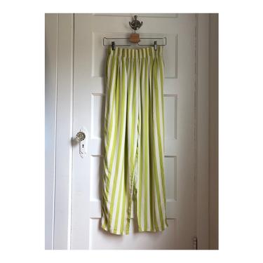 1990s Lime Green and White Striped 100% Silk Summer Dream Pants by Liz Claiborne- size Med 