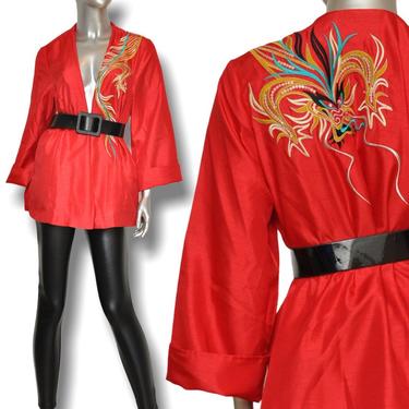 Vintage Red Bob Mackie Wearable Art Lightweight Jacket Blouse with Embroidered Dragon M/L 