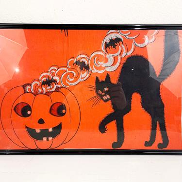 Vintage Halloween Decoration Crepe Paper Tablecloth Party Jack O' Lantern 1920s 1930s 40s Dennison Bats Black Cat Framed Orange Black Silver 