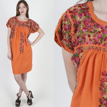 Pumpkin Oaxacan Mini Dress / Orange Fire Color Hand Embroidered Dress / Vintage Womens San Antonio Folklorico Dress 
