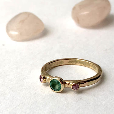 Green and Pink Sapphire in 14k Yellow gold handmade ring alternative engagement ring 