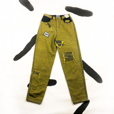 90s Get Used By Elie Mustard Yellow Jeans / Pants / Distressed / Dead Stock / NOS / Colored Denim /  Size 34 / Mens / 80s / Fraying / 
