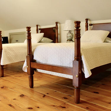 Pair of Tulip Top Beds in Maple. Twin size with roll-top headboards &amp; turned blanket rails
