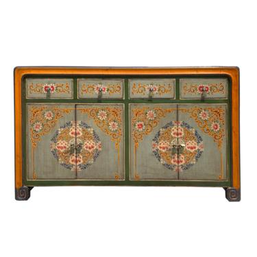 Chinese Distressed Orange Green Gray Flower Graphic TV Console Cabinet cs6957SE 