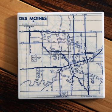 1953 Des Moines Iowa Handmade Repurposed Vintage Map Coaster - Ceramic Tile - Repurposed 1950s Rand McNally Atlas - Actual Map Used 