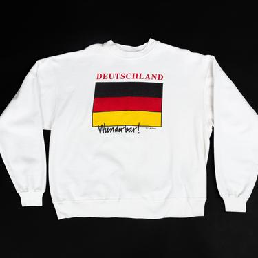 90s Deutschland &amp;quot;Wunderbar!&amp;quot; German Flag Sweatshirt - 2XL | Vintage Unisex White Graphic Tourist Pullover 