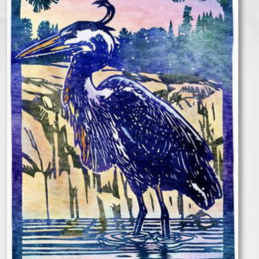 Blue Heron Giclee Print | Great Heron Art | Bird Art | Bird Print | Lake Artwork | Blue Purple | Cabin Rustic | North Shore 