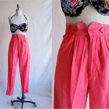 Vintage 80s Faded Red Cotton Trousers/ 1980s High waisted Tapered Pants/ Size XS 24 